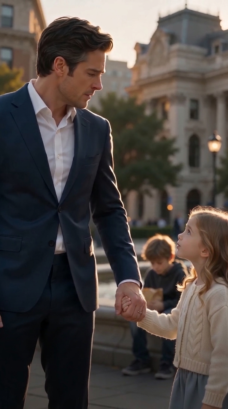 Lily tugged hard on her father’s blue suit sleeve beside the sparkling fountain and pointed toward a lonely little boy sitting across the plaza.