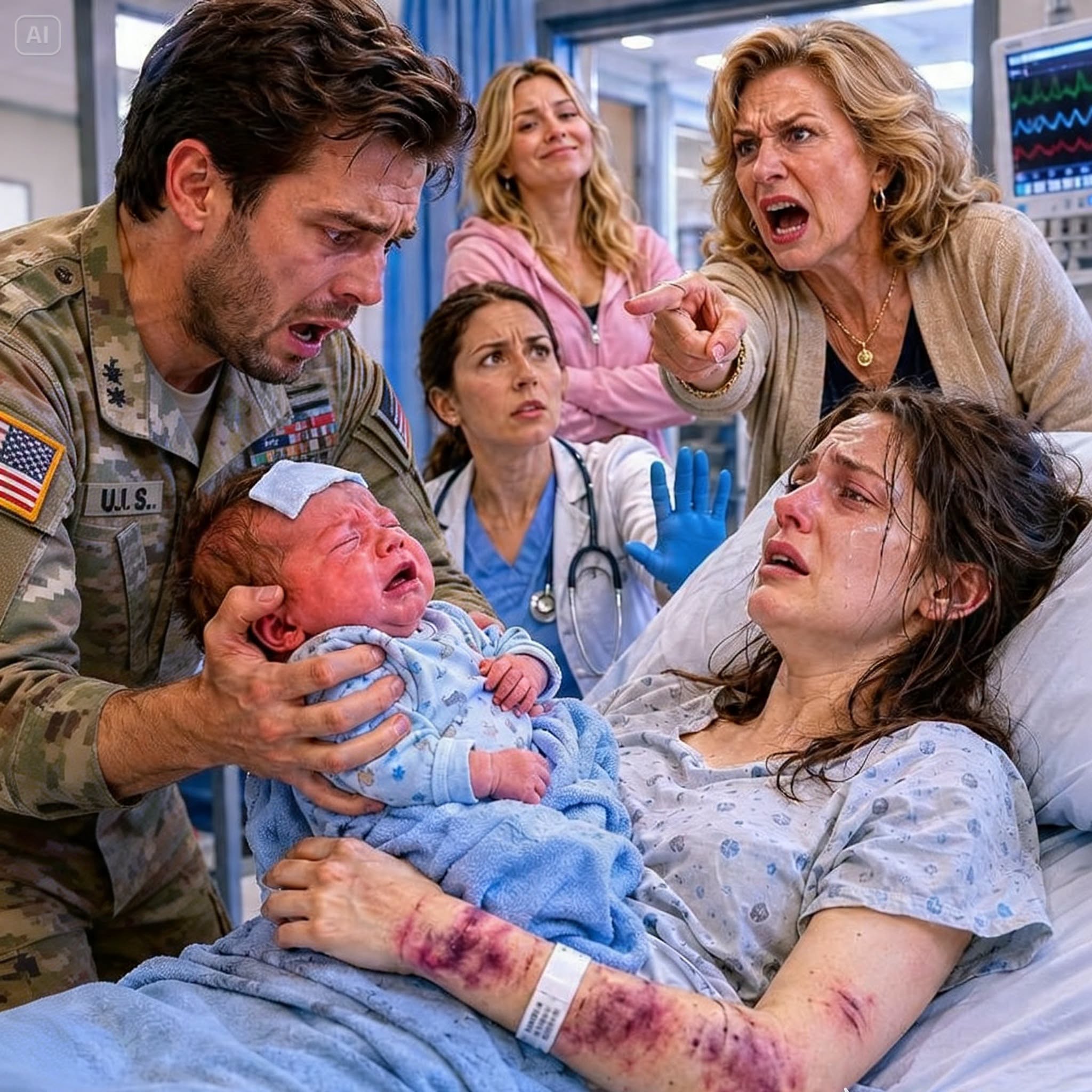 After eight months of military service, I returned home to find my newborn son burning with fever and my wife collapsed beside his crib, bruises covering her arms. My mother sneered, “She needed discipline,” while my sister added, “And the baby is her problem.” I said nothing—until military police, child services, and my lawyer entered behind me. By sunrise, they were arrested, disinherited, and locked out of the house they thought they owned. The first thing I heard when I stepped inside my house was my newborn son crying like he was running out of strength. The second was my mother saying, “Ignore him. He’ll learn.”