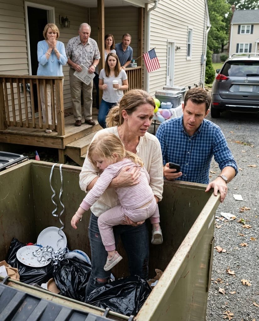 Right before my engagement party, my parents and sister THREW MY 4-YEAR-OLD DAUGHTER INTO A TRASH CAN to make room for their “PERFECT” NIECE’S BIRTHDAY CELEBRATION. I thought they just resented my child… until the lid opened and what I saw exposed a HORRIFYING FAMILY SECRET. By the end of the night, the party was ruined — and my entire family was heading toward JAIL.