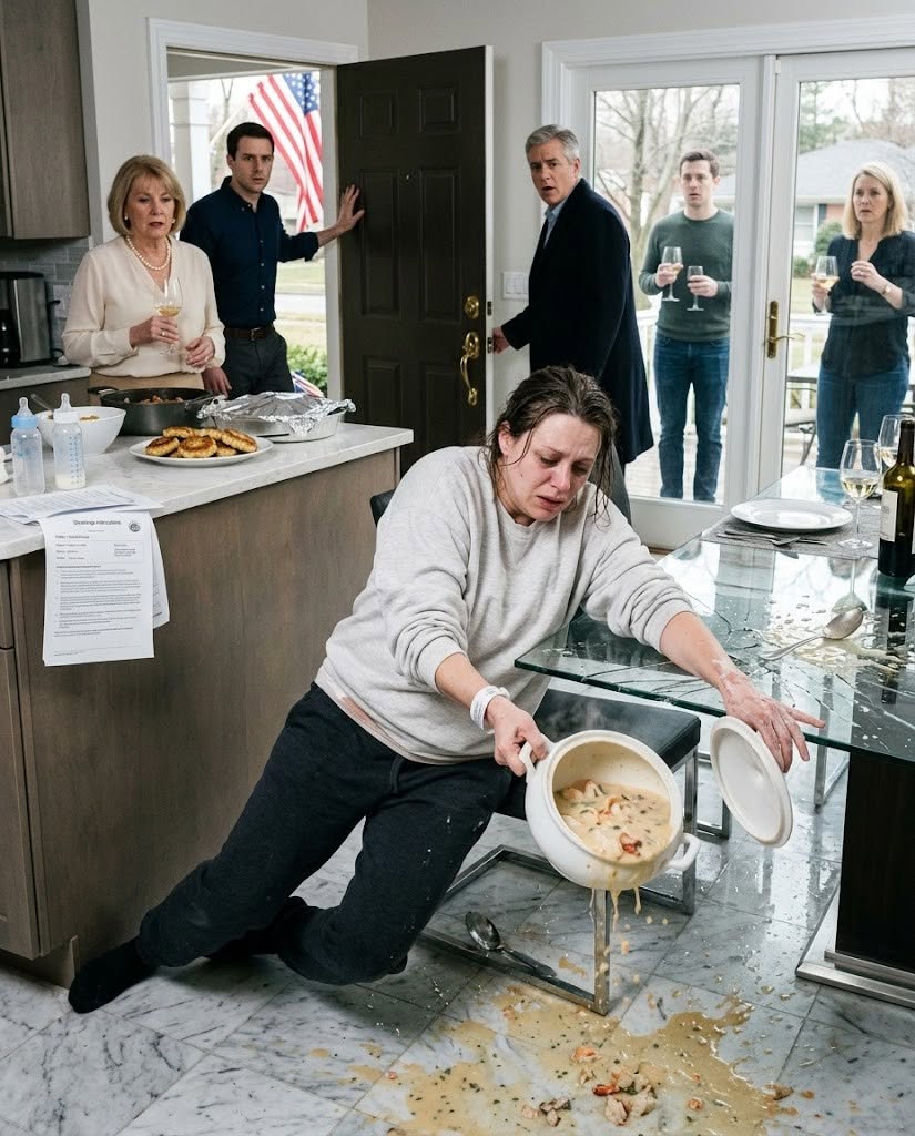 My mother-in-law forced me to cook a 10-course banquet for her friends just three days after my brutal emergency C-section. “You didn’t even push, you just took the easy way out. Stop acting like you actually gave birth,” she sneered, watching blood and infection soak through my surgical dressing. My husband agreed, locking my painkillers in the safe so I wouldn’t “get addicted.” They left me burning with a 104-degree sepsis fever to drink wine on the patio. As I finally collapsed, shattering the glass dining table, my husband’s wealthy boss walked through the front door.
